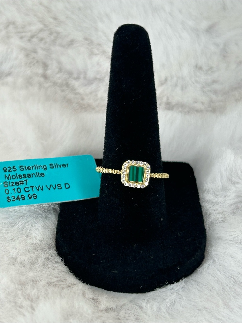 Size 7 malachite and moissanite ring  Gold over 925 sterling silver 4-14-0826SS